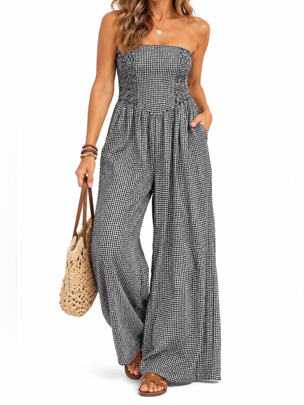 Aerie Strapless Gingham Smocked Wide-Leg Jumpsuit – S/P